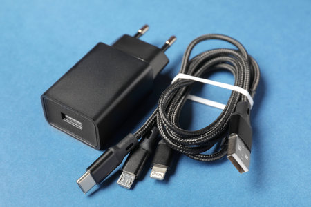 USB power adapter and triple charge cable on light blue background, closeup