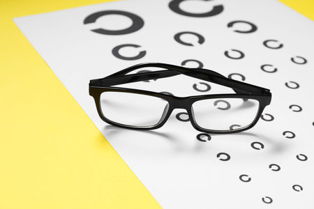 Glasses and vision test chart on yellow background