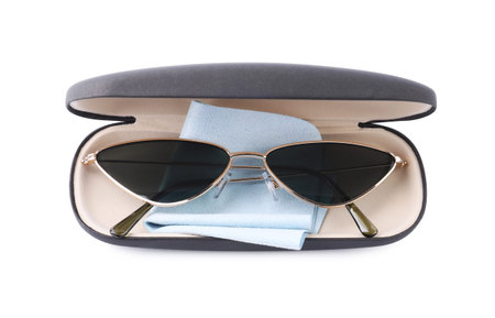 One black case with sunglasses and lens cloth isolated on white, above view