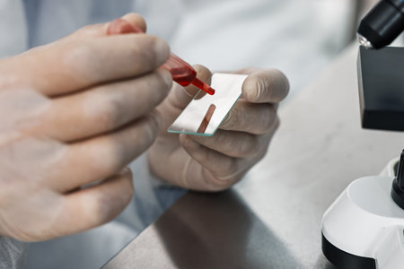 Scientist dripping blood sample onto glass slide in laboratory, closeup