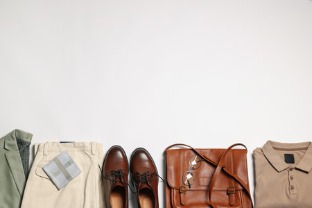Elegant men's outfit. Stylish clothes, accessories and shoes on white background, flat lay. Space for textの写真素材