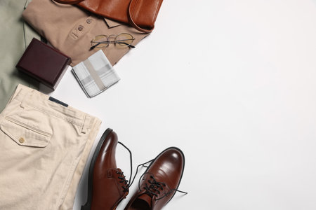 Elegant men's outfit. Stylish clothes, accessories and shoes on white background, flat lay. Space for textの写真素材