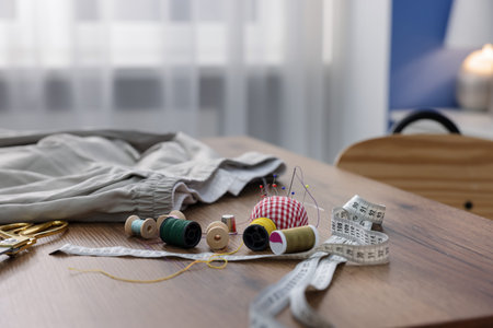 Sewing tools and pants on wooden table in atelier