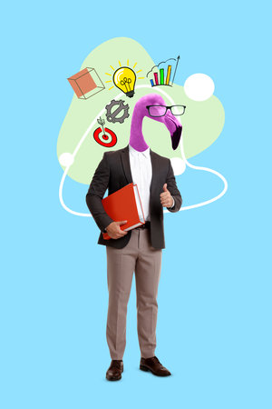 Creative art collage. Man with flamingo head and business themed illustrations on light blue background. Idea and development conceptの写真素材