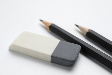 Eraser and pencils on white background, closeupの写真素材