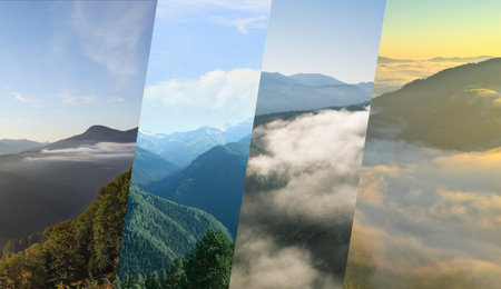 Picturesque mountain landscapes. Collage with beautiful photos of natureの写真素材