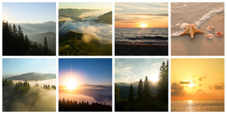 Picturesque nature. Collage with beautiful photos of sea and mountainsの写真素材