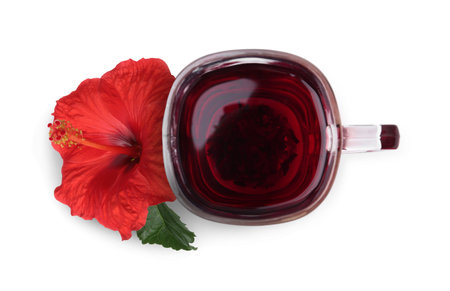 Freshly brewed hibiscus tea and red flower isolated on white, top viewの写真素材