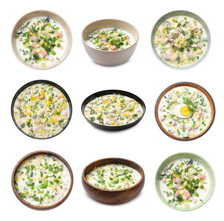 Delicious okroshka soup with kefir in bowls on white background, collageの写真素材
