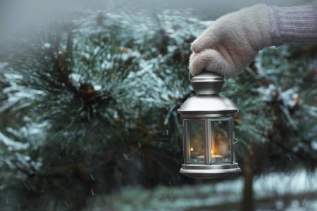 Woman holding Christmas lantern with burning candle in snowy park, closeup. Space for textの写真素材