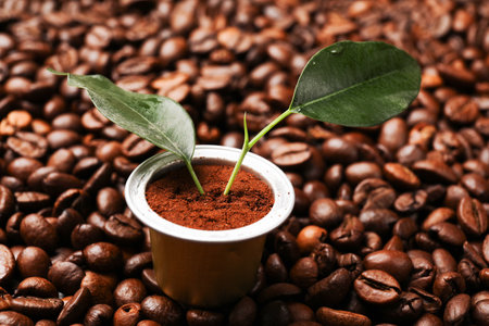 Coffee capsule with leaves on beans, closeupの写真素材