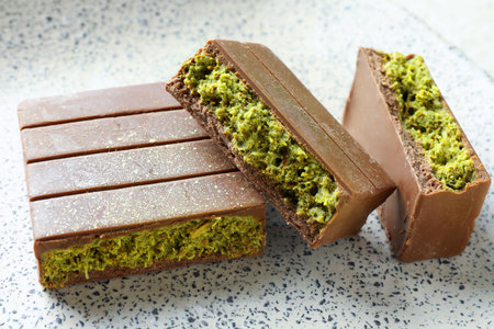 Pieces of delicious chocolate with pistachios and knafeh on plate, closeup