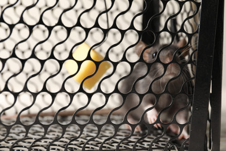 Rat in metal mouse trap, closeup viewの写真素材