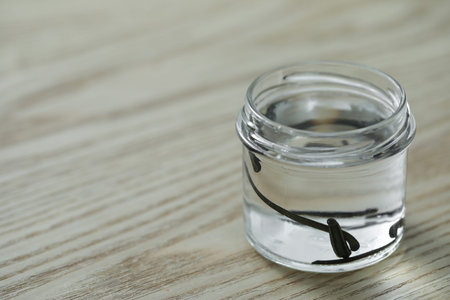 Leeches in glass jar on wooden table, closeup. Space for text