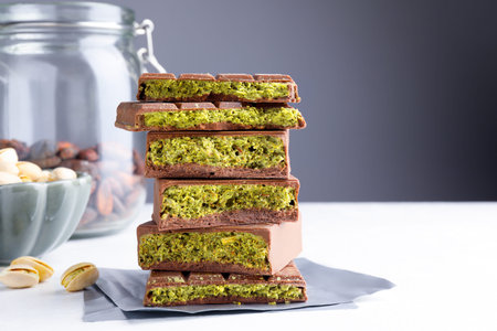 Pieces of delicious chocolate with pistachios, knafeh and cocoa beans on white table, closeup. Space...