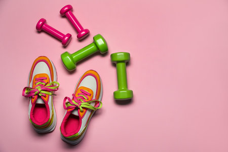 Dumbbells and sneakers on pink background, flat lay. Space for textの写真素材