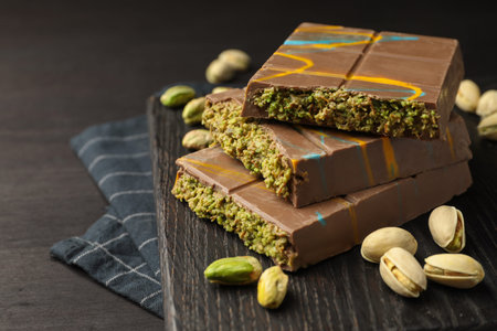 Pieces of chocolate bars with pistachios and knafeh on black wooden table, closeup
