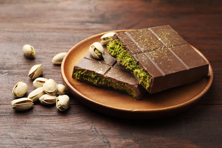 Pieces of tasty chocolate with pistachios and knafeh on wooden table, closeupの写真素材