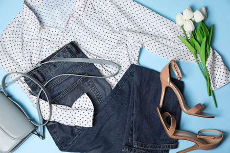 Stylish women's clothes, flowers and different accessories on light blue background, flat layの写真素材