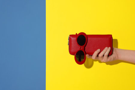 Woman showing red wallet and sunglasses on color background, closeup with space for text. Stylish presentationの写真素材