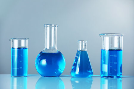 Laboratory glassware with blue liquid on mirror surface against gray backgroundの写真素材