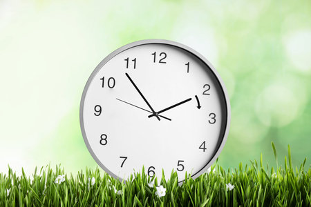 Clock in green grass with flowers. Arrow showing time change one hour ahead in spring. Daylight...