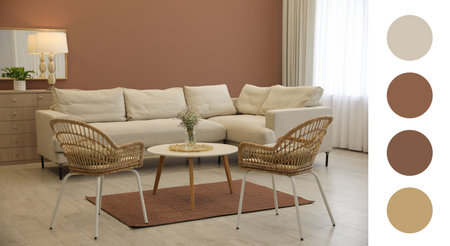 Stylish living room with elements in mocha mousse shade. Interior design and matching color paletteの写真素材