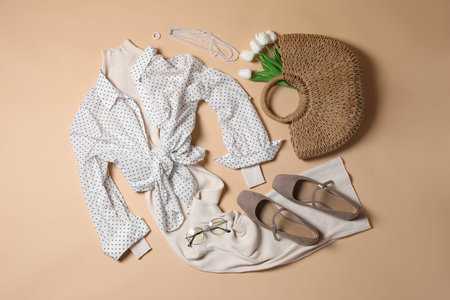 Elegant women's outfit. Stylish clothes and accessories on beige background, flat lay