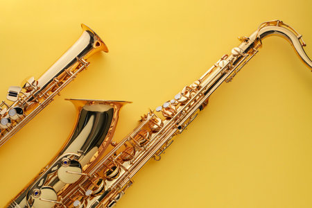 Jazz. Shiny saxophones on yellow background, top viewの写真素材