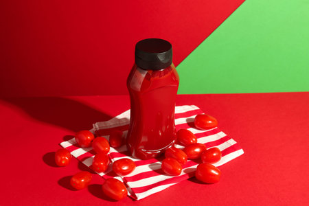 Bottle of ketchup and tomatoes on color background
