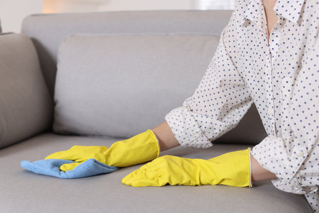 Woman in gloves cleaning sofa with rag at home, closeupの写真素材