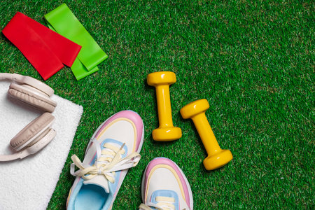 Different gym stuff and headphones on artificial green grass, flat lay. Space for textの写真素材