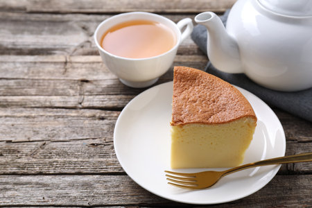 Tasty Japanese Castella sponge cake, tea and fork on wooden table, closeup. Space for textの写真素材