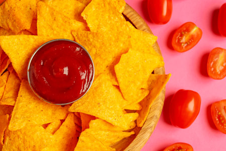 Tasty ketchup, tomatoes and nachos on pink background, flat layの写真素材