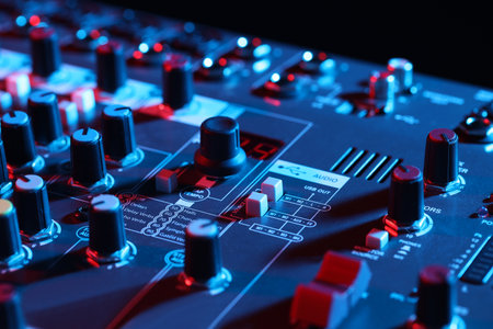 Professional mixing console on black background in neon lights, closeupの写真素材