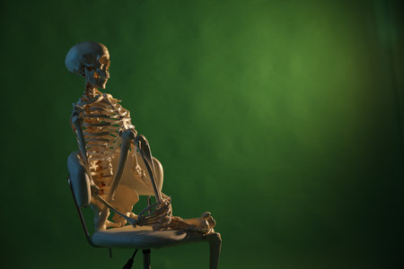 Artificial human skeleton model sitting on chair against green background, space for textの写真素材
