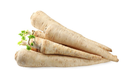 Many fresh parsley roots isolated on whiteの写真素材