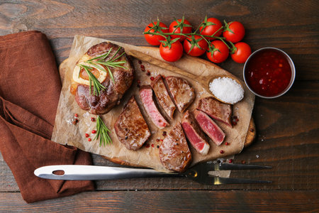 Pieces of delicious beef meat, spices, tomatoes and fork on wooden table, flat layの写真素材