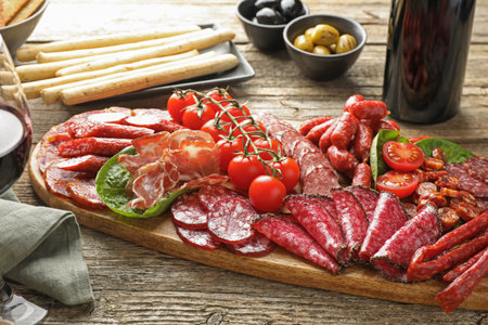 Different smoked sausages and other snacks served with wine on wooden table, closeupの写真素材