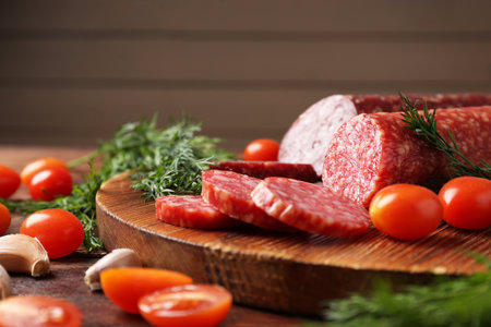 Different smoked sausages, cherry tomatoes and spices on table, closeupの写真素材