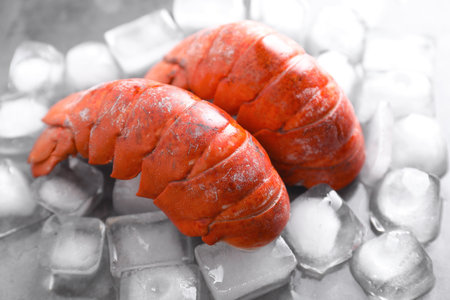 Tails of boiled lobsters with ice cubes on grey table, closeupの写真素材