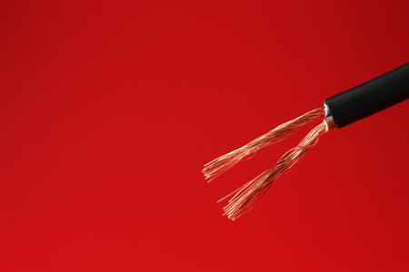 Stripped electrical wire with copper strands on red background, closeup.の写真素材