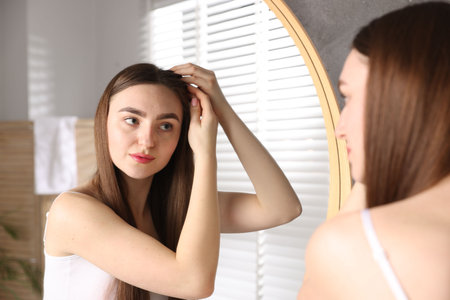 Beautiful woman with healthy hair roots near mirror at homeの写真素材