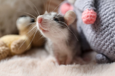 Adorable little rat and crocheted toys on faux fur, closeupの写真素材