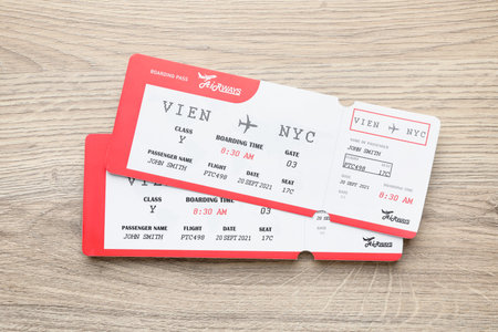 Flight tickets on wooden table, top view