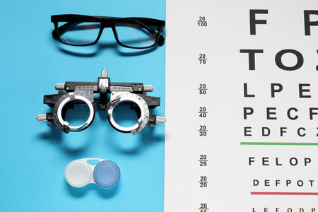 Glasses, trial frame, vision test chart and lenses on light blue background, flat lay