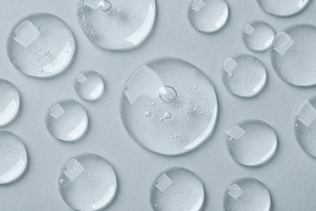 Drops of cosmetic serum on light background, top viewの写真素材