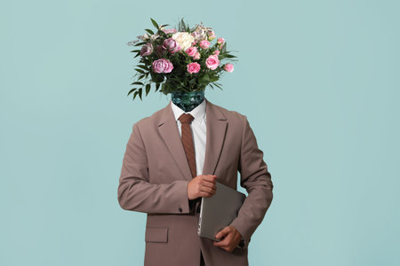 Man with bouquet of flowers instead of his head on pastel turquoise background. Creative art collageの写真素材