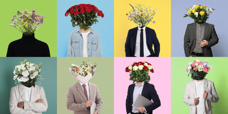 Art collage. People with bouquets of flowers instead of their heads on colorful backgroundsの写真素材