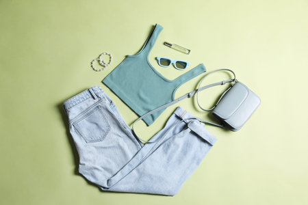 Stylish women's clothes and different accessories on light olive background, flat lay